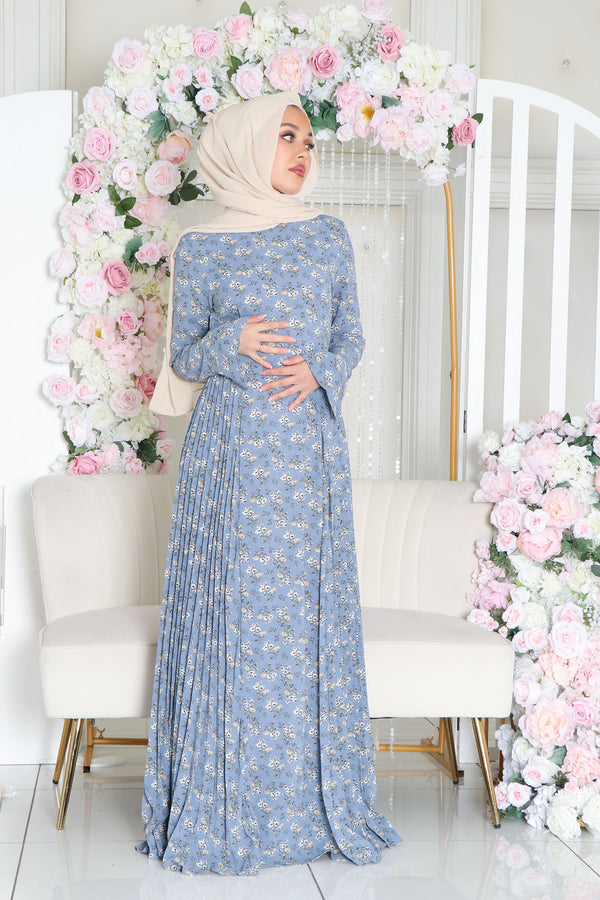 Kelsi Floral Pleat Dress- Stormy Blue