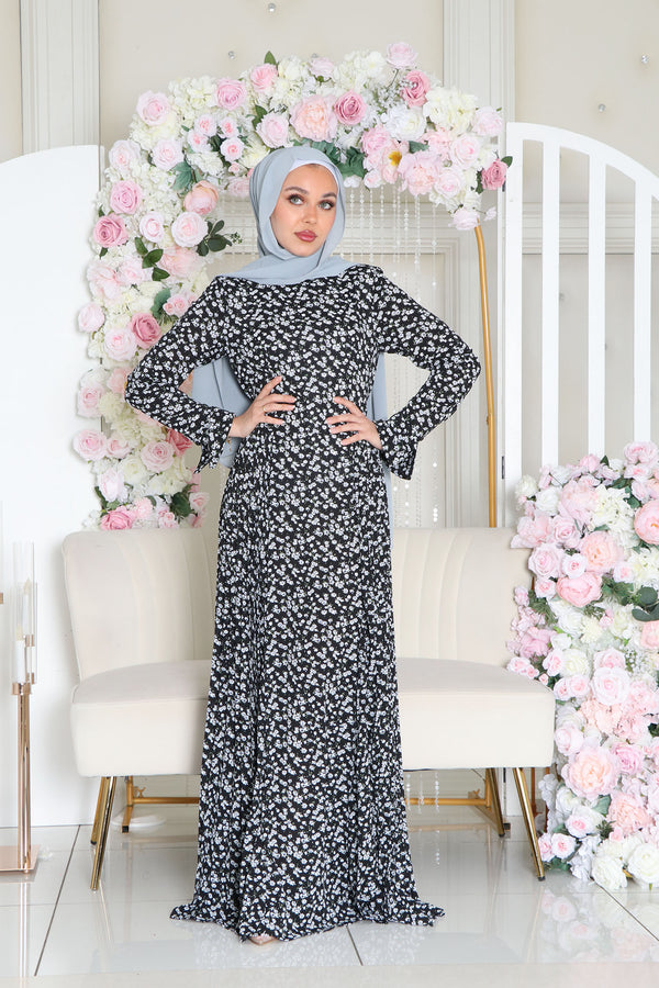Kelsi Floral Pleat Dress- Black