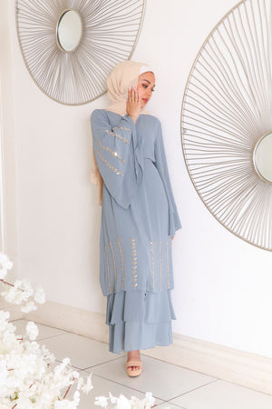 Amor Chiffon Layered Abaya- Dark Dusty Blue