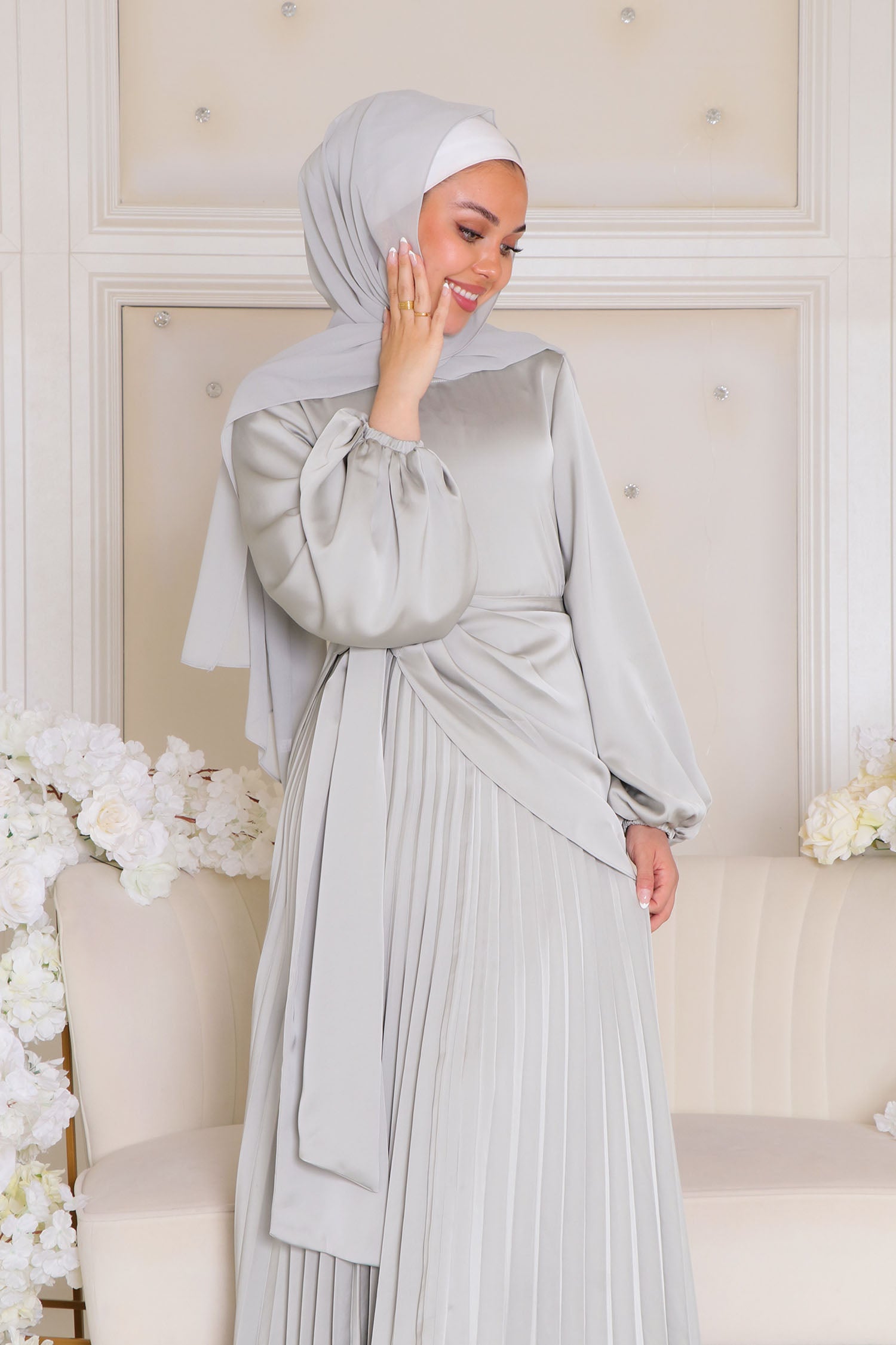 Athena Pleat Satin Dress- Light Mint Gray
