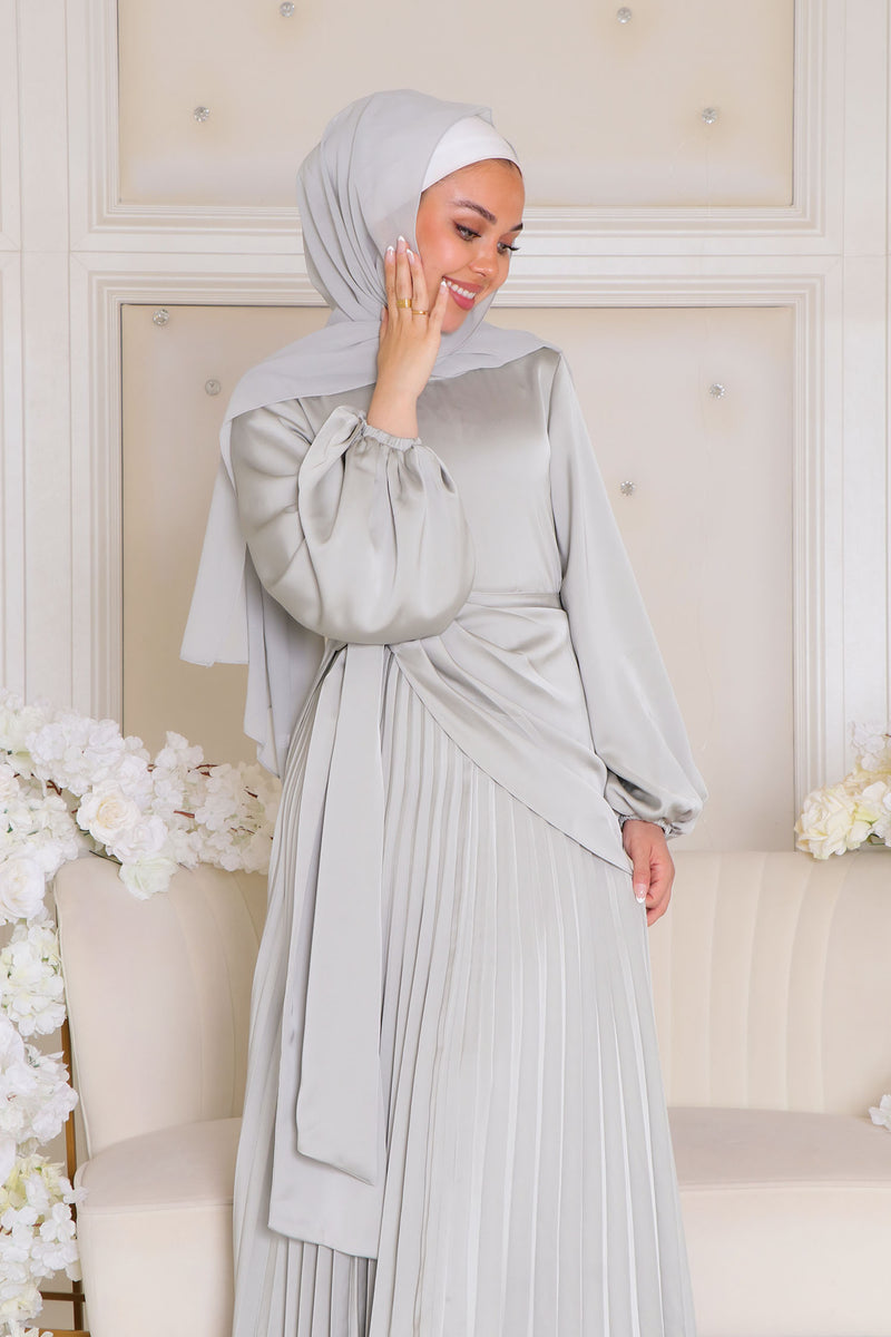 Athena Pleat Satin Dress- Light Mint Gray