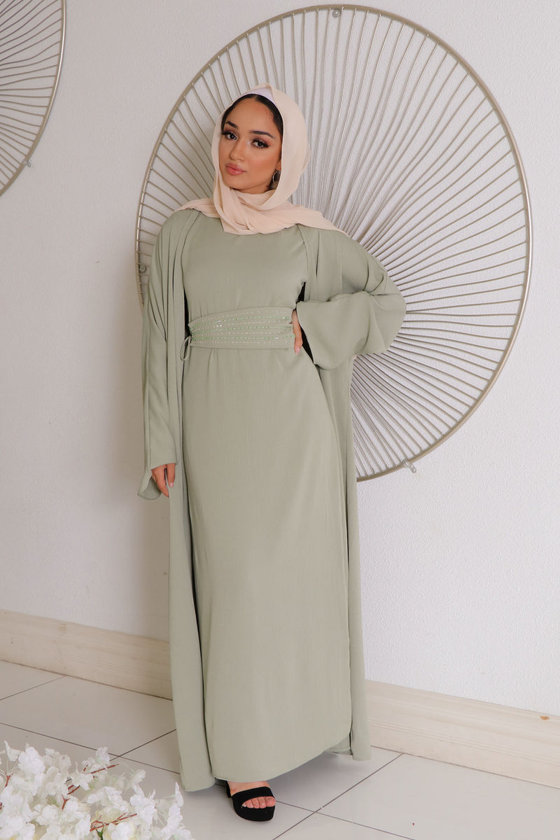 Nia Textured Corset Abaya Set- Light Sage Green