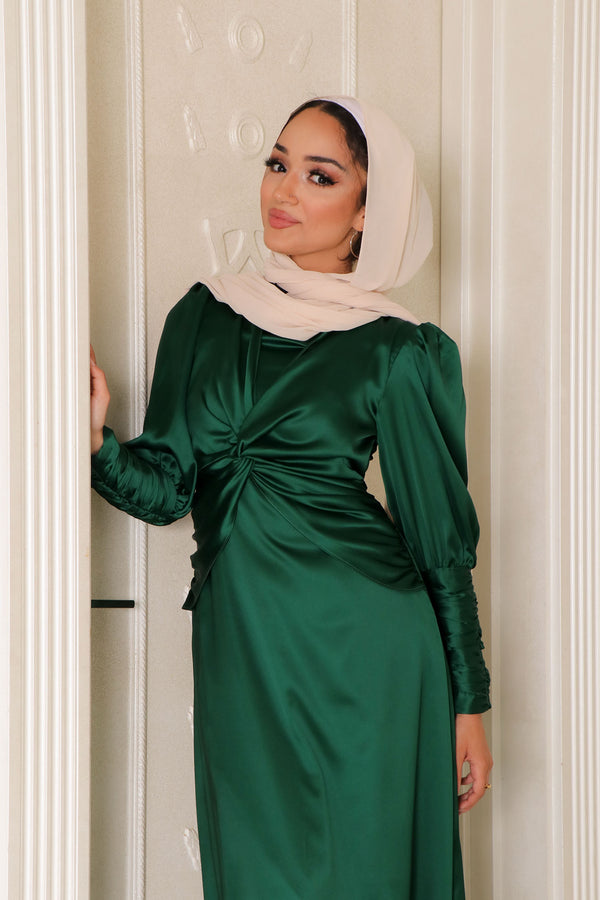 Olivia Wrap Satin Dress- Emerald Green