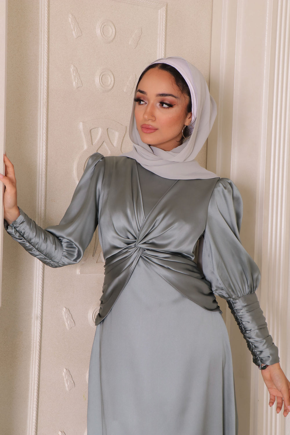 Olivia Wrap Satin Dress- Mint Gray