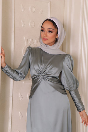 Olivia Wrap Satin Dress- Mint Gray