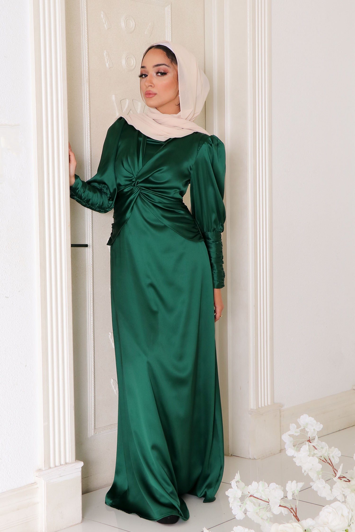 Olivia Wrap Satin Dress- Emerald Green XS by LaMeera Moda Olivia Wrap Satin Dress- Emerald Green XS by LaMeera Moda