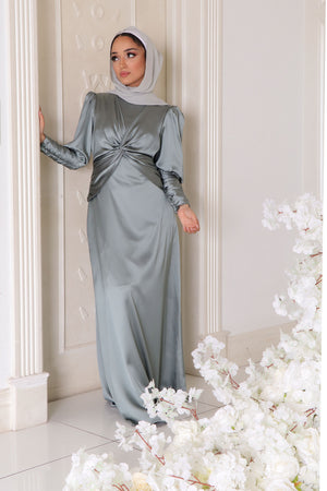 Olivia Wrap Satin Dress- Mint Gray