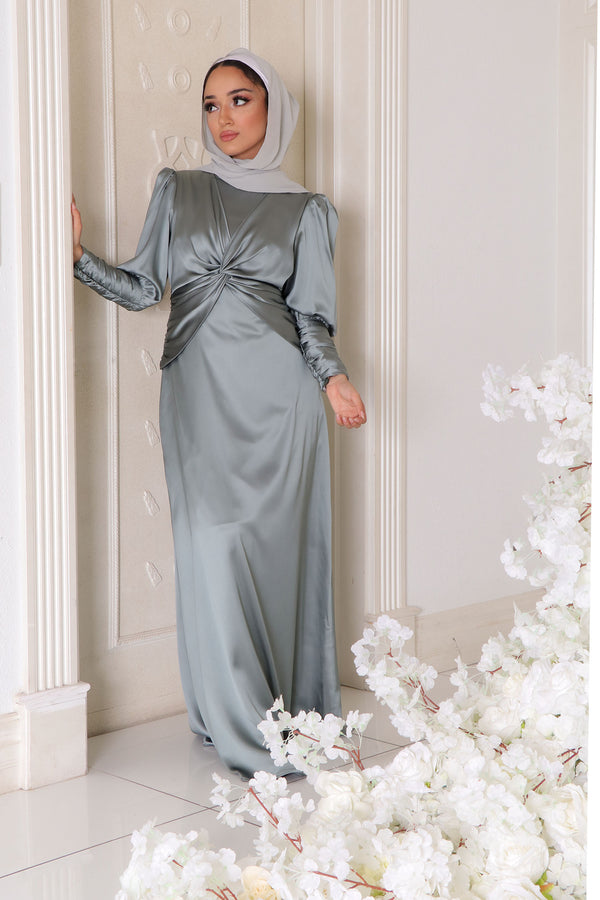 Olivia Wrap Satin Dress- Mint Gray