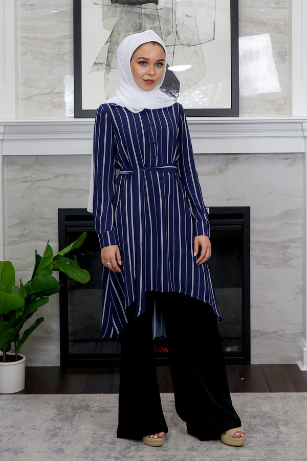 Navy Blue/ White Striped High Low Tunic