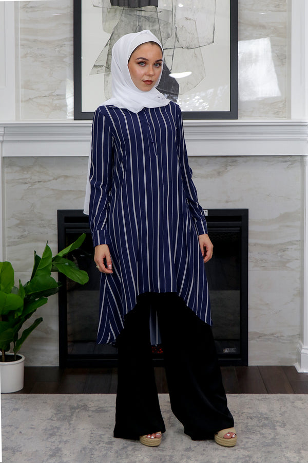 Navy Blue/ White Striped High Low Tunic